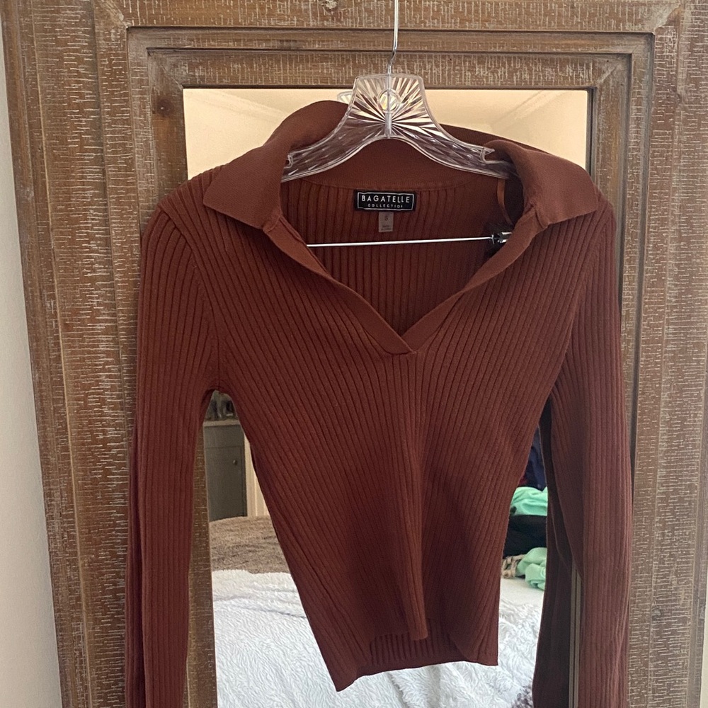 Brown Ribbed Long Sleeve Top